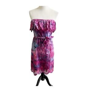 MILLY Tie Dye Strapless Dress Knee Length Purple Ruffle Tiered Size 8 Tie Waist